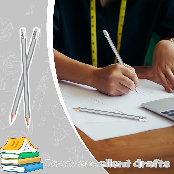 48 PCS Silver Colored Pencils with Eraser Pre Sharpened Pencil 2 HB - Ideal for Checking, Grading, Tests & Office/School Supplies (Silver)