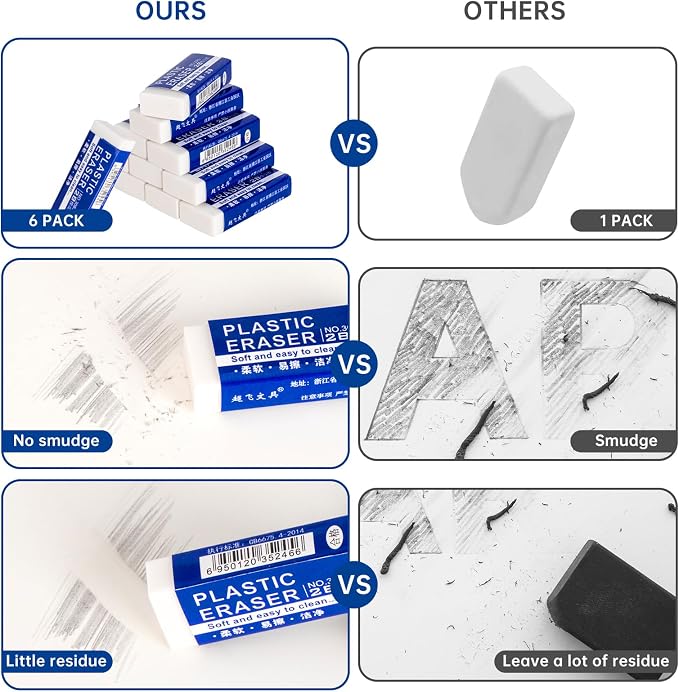 6 Pack Pencil Erasers, Large White Erasers for School, Art Erasers for Kids Drawing Bulk