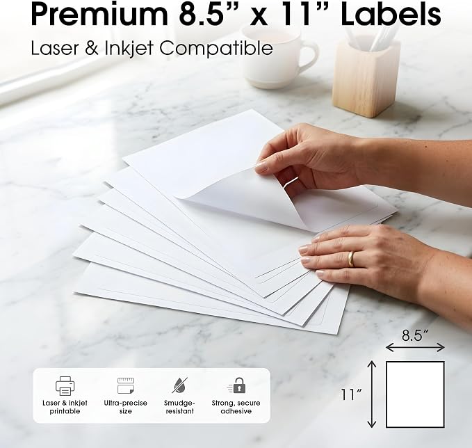 8.5" X 11" Matte White Full Sheet Labels (500 Sheets, 500 Stickers) Printable Sticker Paper for Laser & Inkjet Printers - Spartan Industrial Template R026