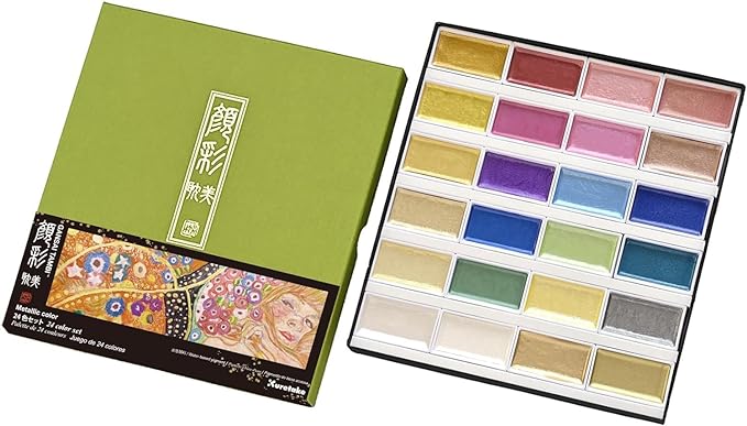 Kuretake GANSAI TAMBI Watercolor Paint Set 24 Glittery Colors - Metallic, Professional-quality art supplies for artists adult painting aketching, Non-Toxic, Made in Japan