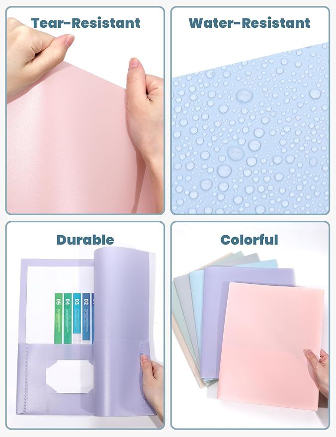 SUNEE 2 Pocket Folders (12 Pack, Pastel Colors) Heavy-Duty Plastic Folders with Pockets, Fit 8.5x11 Letter Size Paper, 2-Pocket File Folders for Kids, Home, School, Office