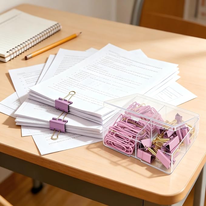 Cute Paper Clips Binder Clips Combo Set, 180 Psc, Assorted Size Paper Clips for Office, Cute Office Supplies Set,Purple