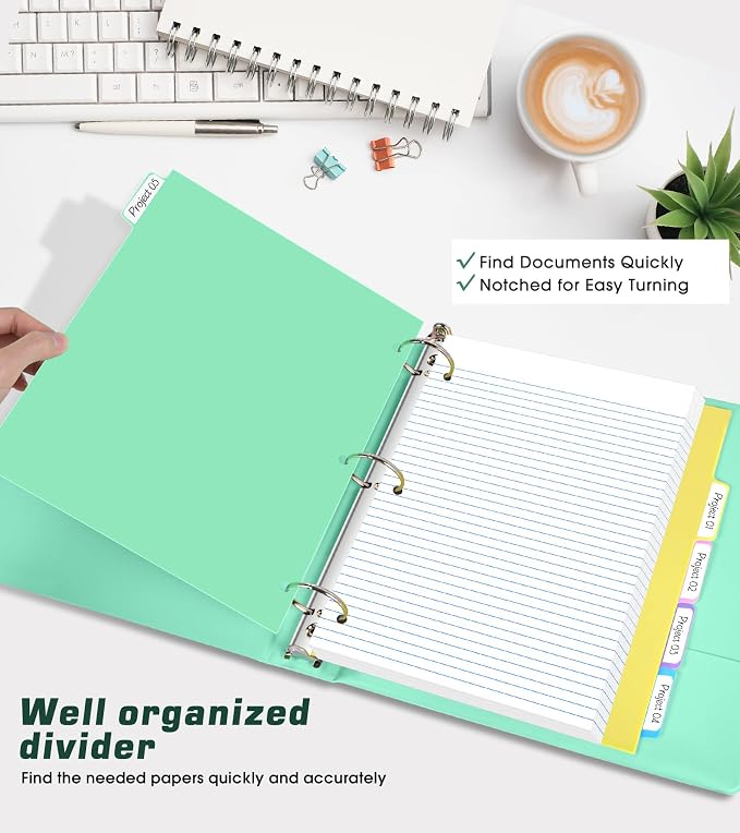 3 Ring Binder 2 inch，Cute Binder Organizer with 5 Tab Dividers Fits 175 Sheets of 8.5x11 Paper, Customizable Clear Cover with Inside Pockets, Aesthetic 2" Three Ring Binders for School Office，Green
