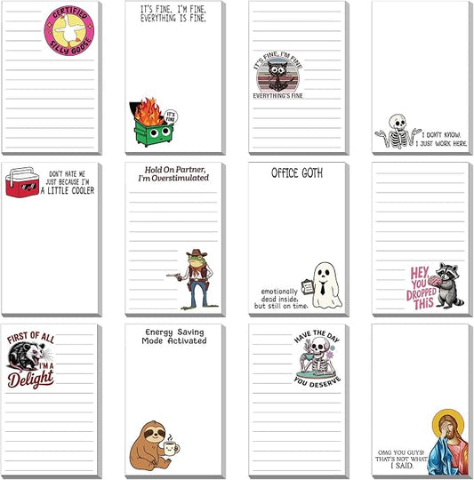 12 Pack Funny Notepads, 5x3 Inches Sarcastic Note Pads Memo Fun Office Gifts for Coworkers Work Women Men Employee Teacher Boss Desk Accessories Gifts(Funny,White)