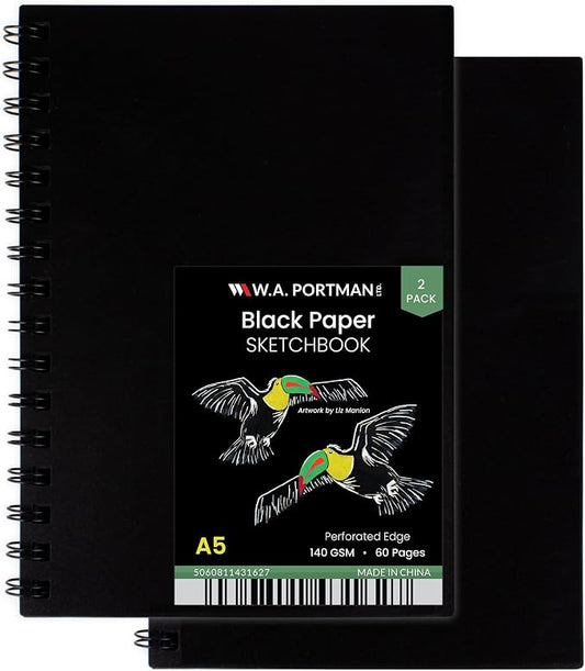 WA Portman Black Paper Sketchbook 2-Pack A5 (6" x 8.25") – 140 GSM Acid-Free Black Paper Notebook, 60 Pages (30 Sheets) Spiral Scrapbook Journal, Mixed Media Sketch Drawing Pad for Kids & Adults