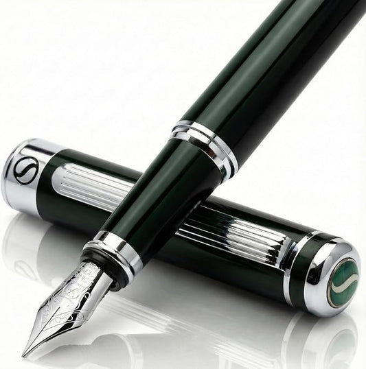 Scriveiner Black Green Fountain Pen - Stunning Luxury Pen with Chrome Finish, Schmidt Nib (Fine), Best Pen Gift Set for Men & Women, Professional, Executive, Office, Nice Pens