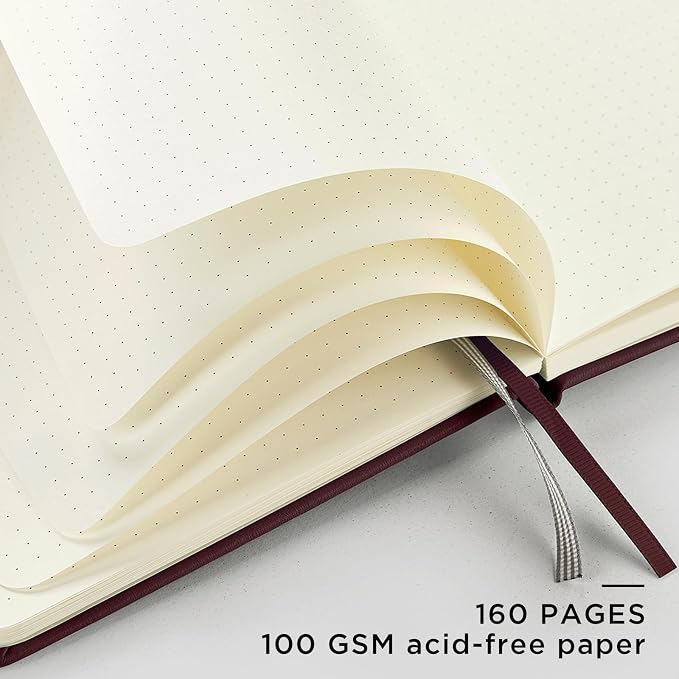 &And Per Se Dotted Journal Notebook, A5 Hardcover Leather Dotted Journal, 160 Pages 100gsm Thick Dot Grid Paper, 3 Sheets of Stickers Included - 5.7'' x 8'' (Dark Red)