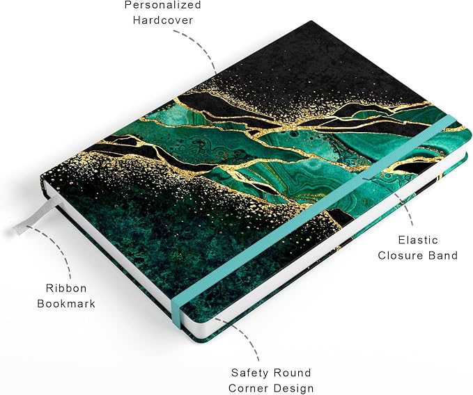 Lined Journal Notebook, Hardcover, Medium 5.7 x 8.4 in, 160 Pages Thick Paper, Cute Aesthetic A5 College Ruled Notebook for Journaling Writing Work Office School Women Men, Green Gold Marble