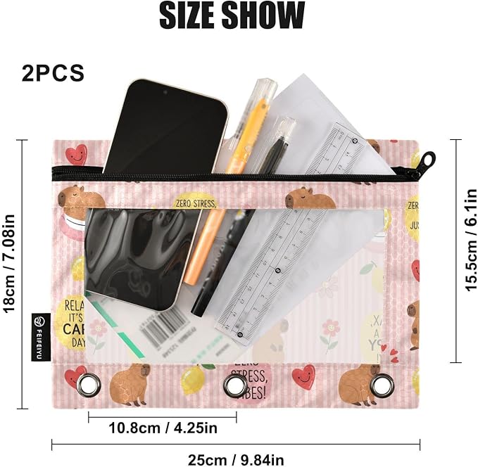 Emelivor Cute Capybara Stirpe Pencil Pouch for 3 Ring Binder 2 Pcs Binder Pouches with Zipper Pocket Pencil Case Bag with Clear Window for Office Work College Home Supplies