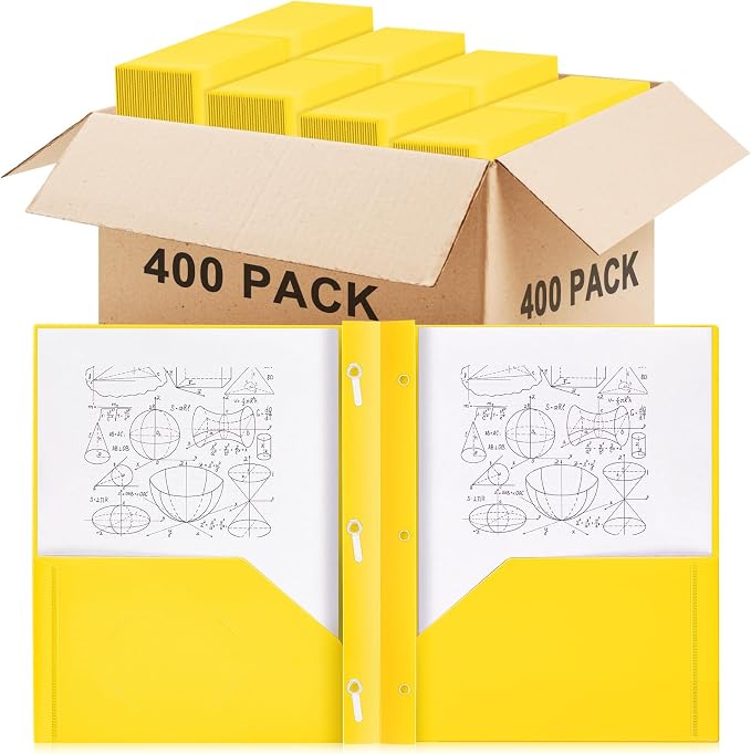 Yeaqee 400 Pcs Plastic 2 Pocket Folders with Prongs Bulk for Back to School, 3 Prong File Folders Fit Letter Size Paper, for School Office Homework Paperwork Organization Supplies (Yellow)