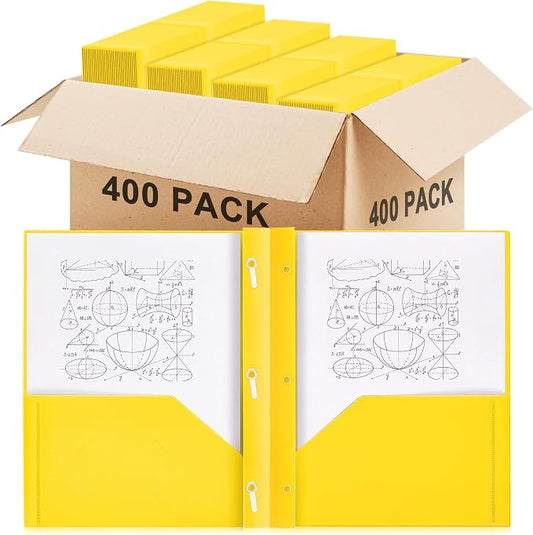 Yeaqee 400 Pcs Plastic 2 Pocket Folders with Prongs Bulk for Back to School, 3 Prong File Folders Fit Letter Size Paper, for School Office Homework Paperwork Organization Supplies (Yellow)