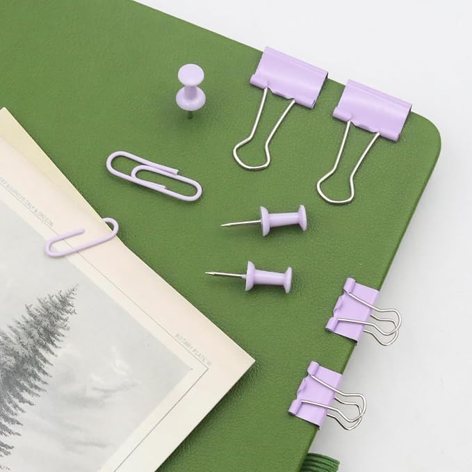 Office Supplies Set, Paper Clips, Push Pins and Binder Clips Set with Box for Office, School and Home(Light Purple)