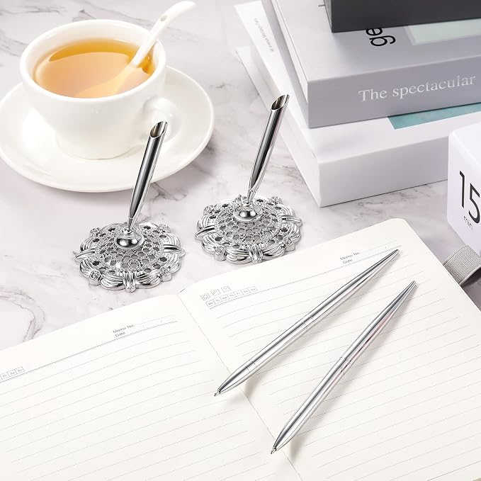 Outus 2 Pieces Wedding Pens for Guest Book Signing Pen with Metal Hollow Round Holder Stand Set for Wedding Bridal Engagement Reception Supplies(Silver)