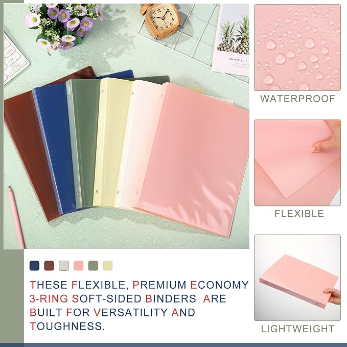 Fulmoon 6 Pack Plastic 3 Ring Binder Assorted Colors Economy Flexible Round Ring Presentation Binders with Pocket for Office School Meeting(1 Inch,Morandi Colors)