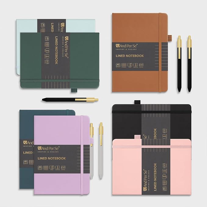 &And Per Se Lined Journal and Pen Set (3 Packs), A5 Leather Hardcover Notebook with Pen & Stationary Set, 160 Pages 100GSM Thick Ruled Paper Journal for Business Work Writing (Green-Blue-Brown)
