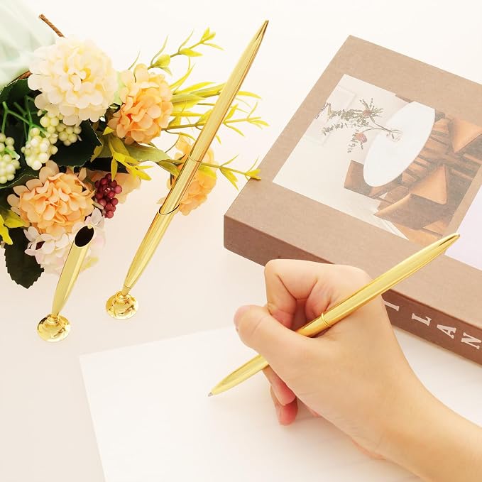 2 Pcs Hollow Round Pen Holder Signing Pen Set for Office Business | Metal Pen Stand Holder Set, Guest Book Wedding Birthday Party Graduation, Signing Desk Ballpoint Pens, Black Ink