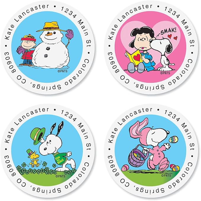 Colorful Images Year-Round Celebrations Holiday Peanuts Return Address Mailing Labels,Personalize with Name & Shipping Address,Set of 144 Self Adhesive, Easy Peel Flat Sticker Label Sheets,12 Designs