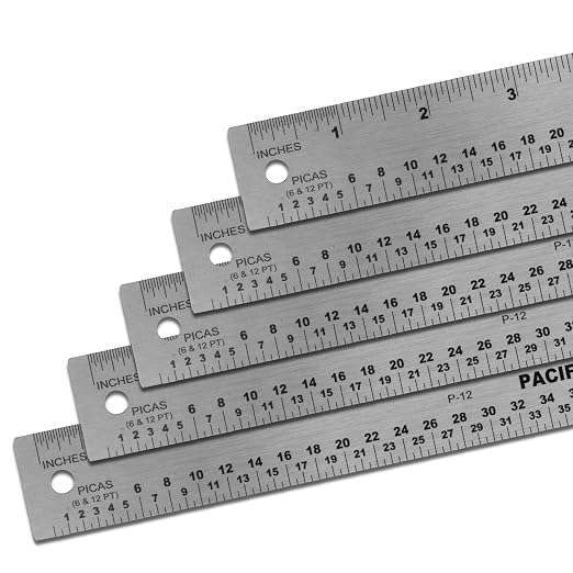 5 Pack | Pacific Arc Stainless Steel Ruler with Inch and Pica Measurements, 12 Inches Cork Backed