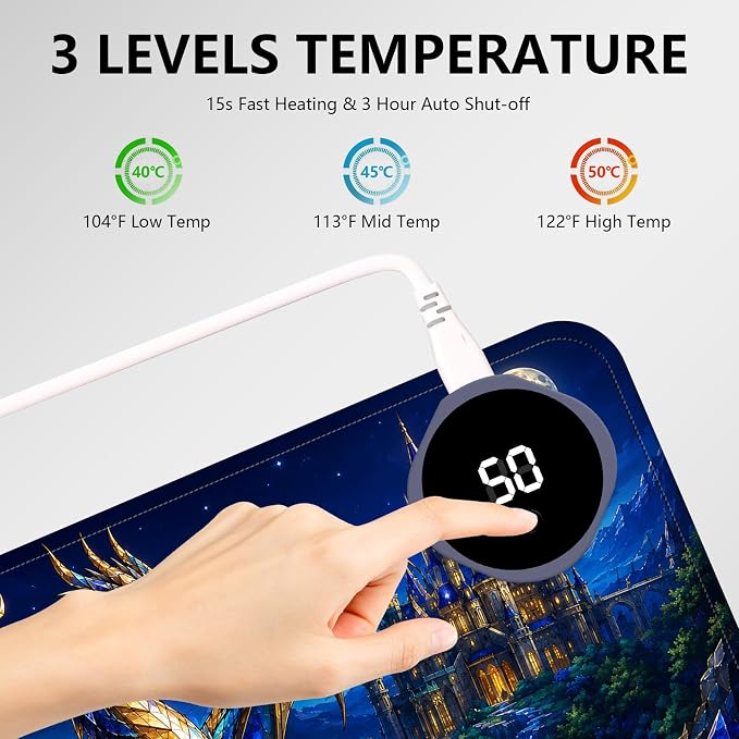 Large Heated Mouse Pad–31.5" x 13" Desk Mat for Office | 3 Adjustable Heat Levels,Auto Shut-Off After 3 Hours for Safety,Keeps Hands Warm While Working，Castle Dragon