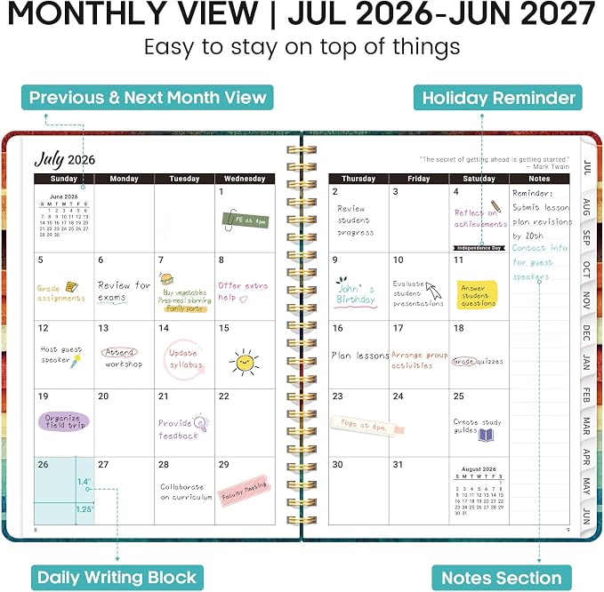 Academic Planner 2026-2027, Weekly and Monthly Calendar Book, July 2026 – June 2027, Hardcover Planner with Tabs, Perfect for Teachers, Students, Women & Men, A5 (6.4" x 8.5") - Wood