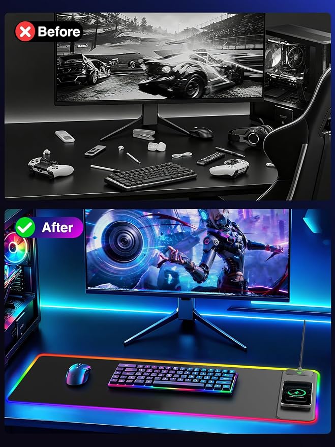 Wireless Charging Mouse Pad Gaming, 31.5"x11.8" Large Desk Mat, Waterproof | RGB Mousepad, Smooth Glide, Stitched Edge, Non-Slip Rubber Base, Desk Pad Computer Keyboard Mat, No Adapter