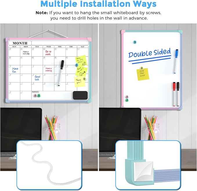 MaxGear Monthly Calendar Dry Erase Board for Wall, 16"x12", Macaron Frame | Double-Sided, Hanging Small White Board, Portable Whiteboard for Planning, Drawing, Memo, to Do List, Home, Kitchen, Office