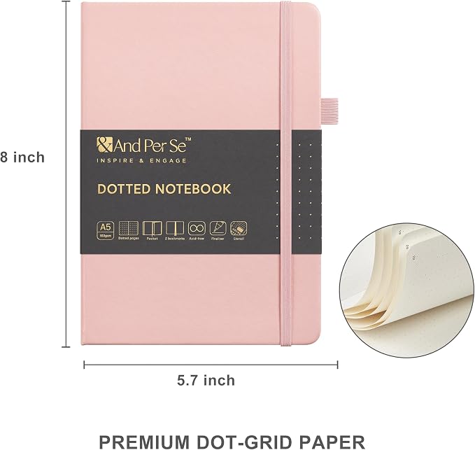 &And Per Se Dotted Journal Kit, A5 Hardcover Dot Grid Journal Notebook Set for Beginners with Journaling Supplies Stencils, Stickers, Washi Tapes & Colored Pens Accessories (Pink)