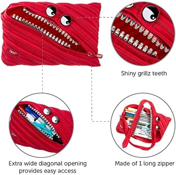 ZIPIT Grillz Large Pencil Case for Kids, Cute Zipper Pouch for Boys Girls and Teens, Stationery Bag for School ,Red