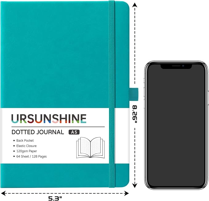 Dotted Journal/Notebook - Dot Grid Hard Cover Notebook, Premium Thick Paper with Fine Inner Pocket, Black Smooth Faux Leather, Pen Loop, 5.3'' x 8.26'' - Cyan