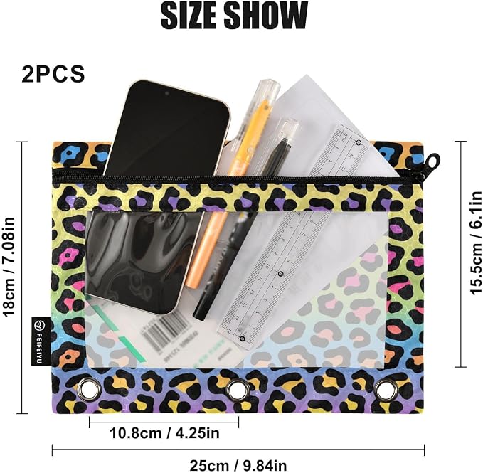 ALAZA Pencil Pouch for 3 Ring Binder, Leopard Print Rainbow Binder Pencil Pouches with Clear Window Zipper Pencil Case Cosmetic Bags for Office College Supplies, 2PCS