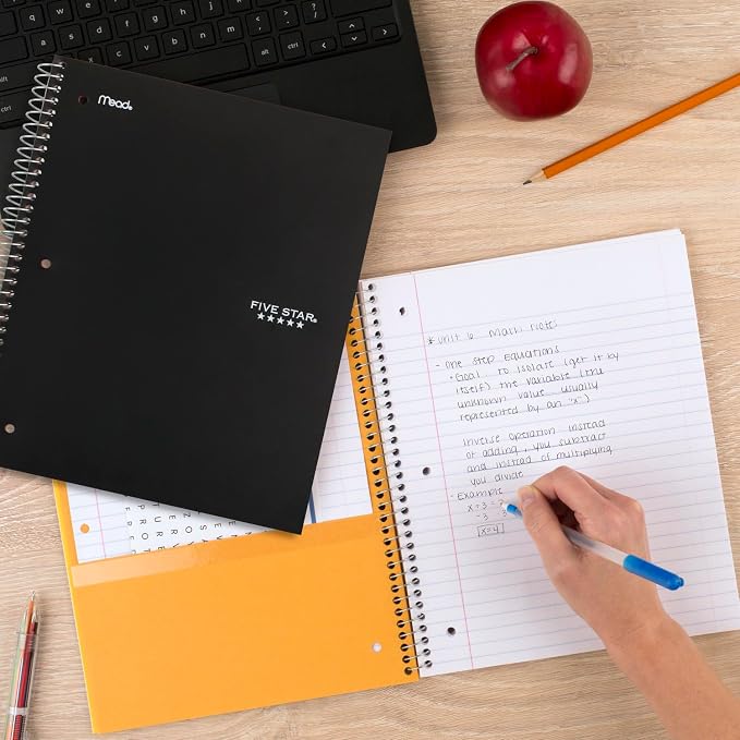 Five Star Spiral Notebook + Study App, 5 Subject, Wide Ruled Paper, 8" x 10-1/2", 200 Sheets, Fights Ink Bleed, Water Resistant Cover, Black (72045) (Pack of 2)