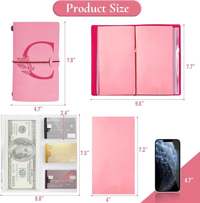 Personalized Journal Gift-Pink Initial Leather Journal+Heart Diamond Pen Set,Travel Notebook Diary Gifts,Refillable Notepads,Christmas,Birthday Gifts for Women Girls (7.9"x4.7") (C)
