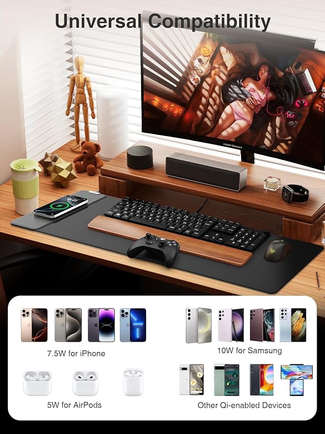 Magnetic Wireless Charging Mouse Pad, 31.5"x11.8" Large Desk Mat | Waterproof Mousepad, Smooth Glide, Stitched Edge, Non-Slip Rubber Base, Desk Pad Computer Keyboard Mat, No Adapter