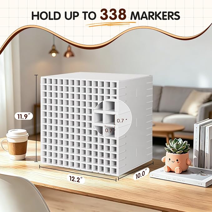 360° Rotating Marker Storage Rack, 338 Individual Slots Desktop Organizer Holder for Art Markers, Pens, Color Pencils - White