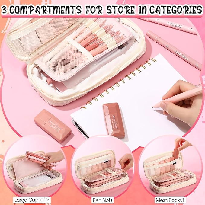 38 Pcs Aesthetic Office Supplies with Pen Case Sticky Notes Gel Pens Highlighters Correction Tapes Stationery Kit for Office Work Coworkers(Pink Color,Classic)