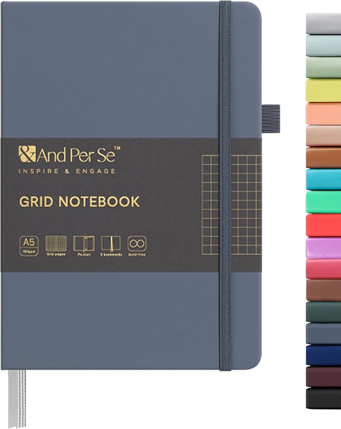 &And Per Se Graph Notebook, 5mm Grid, A5 Hardcover, 160 Pages 100gsm Thick Paper, Grid Journal for Diagrams, Wireframes, CAD Sketches (Dark Blue)