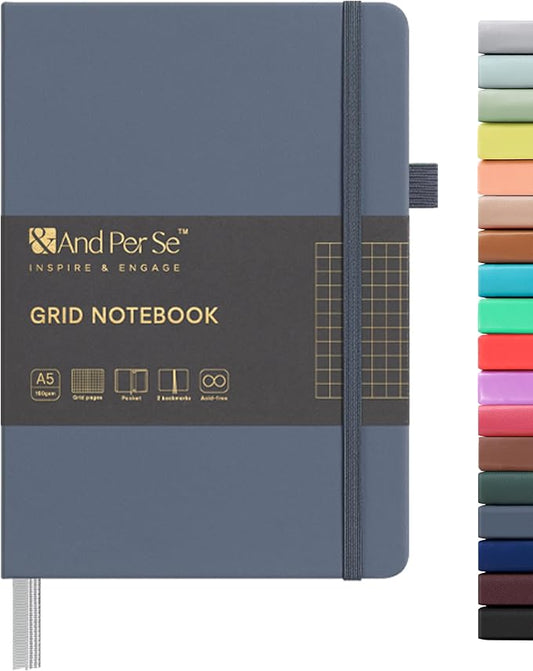 &And Per Se Graph Notebook, 5mm Grid, A5 Hardcover, 160 Pages 100gsm Thick Paper, Grid Journal for Diagrams, Wireframes, CAD Sketches (Dark Blue)