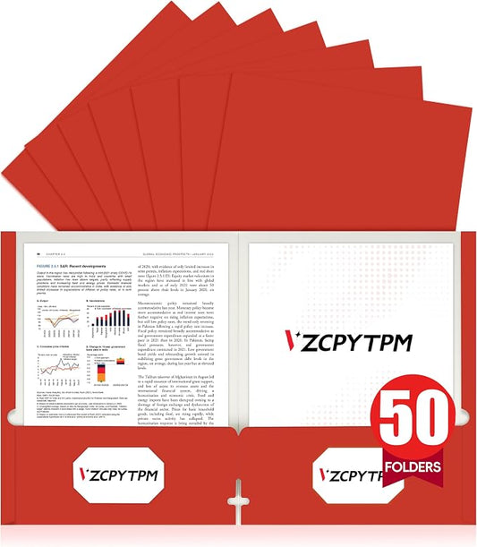 VZCPYTPM 50 Pack Red Folders with Pockets,2 Pocket File Folders | Fit Letter Size (8.5 x 11 Inch),Professional Design with Business Card Slot for Office and School Organization