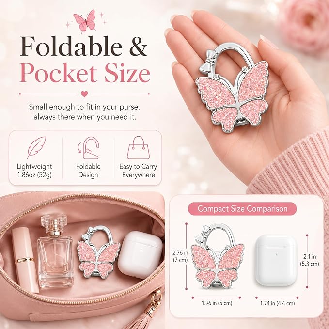 Purse Hook for Table, Foldable Handbag Hanger for Women, Portable Bag Holder with Non-Slip Base, Cute Bling Pink Glitter Butterfly Purse Table Hook for Restaurant Office Travel Gift