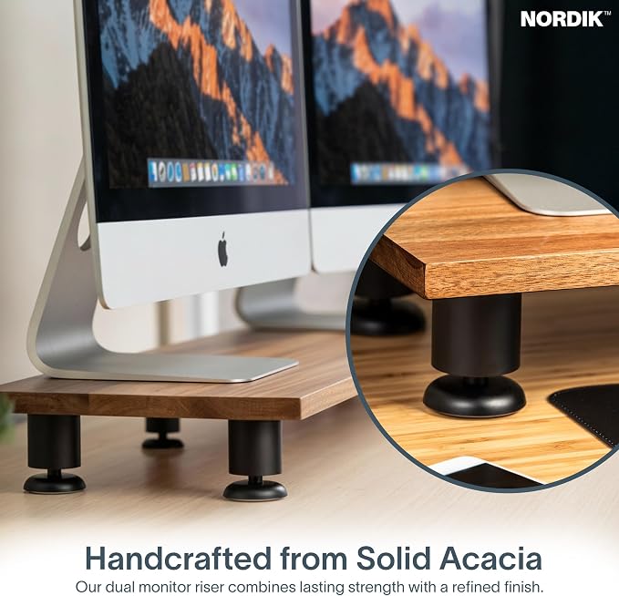 Nordik Large Dual Monitor Riser for 2 - 42.5 Inch Premium Handmade Hardwood Acacia Computer - Wood Shelf Desk Organizer Television - Laptop TV Stand with Storage Organizer for Desk Accessories (Brown)