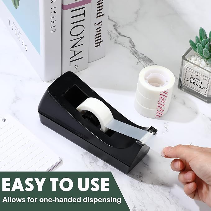 Yahenda 6 Pack Black Desktop Tape Dispenser Non Skid Base with 0.7 x 985 Inches Invisible Tape Refills Bulk Weighted Roll Dispenser for Office Home School