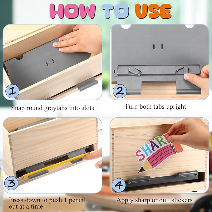 Mifoci 8 Pcs Wooden Pencil Dispenser Kit for Classroom Wooden Pen Holder Straw Dispenser Sharp and Dull Letter Stickers for Teachers Classroom Supplies Storage (Wood)