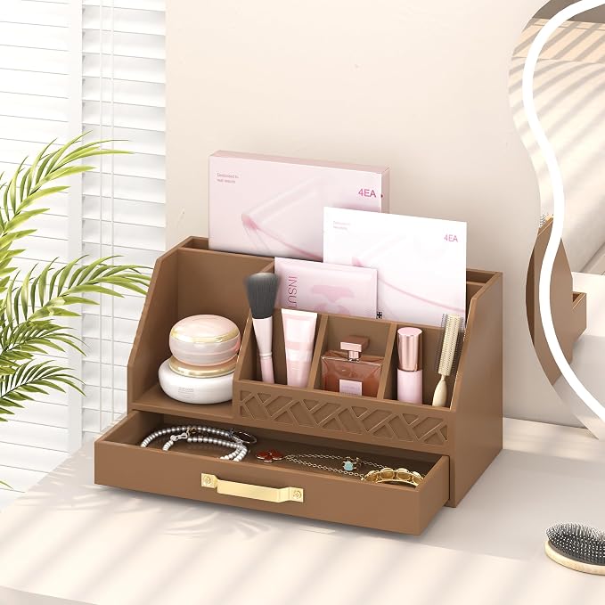 Bamboo Desk Organizer with Drawers, Mail Organizer Countertop Wood Desk Drawer Tabletop Storage Organization Pen Holder Letter Sorter Makeup Organizer for School Home Office (Brown)