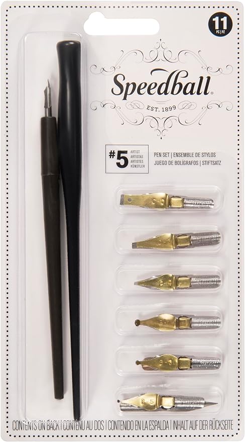 Speedball No. 5 Artists Pen Set - 2 Penholders w/ 6 Nibs, 3 Pen Tips