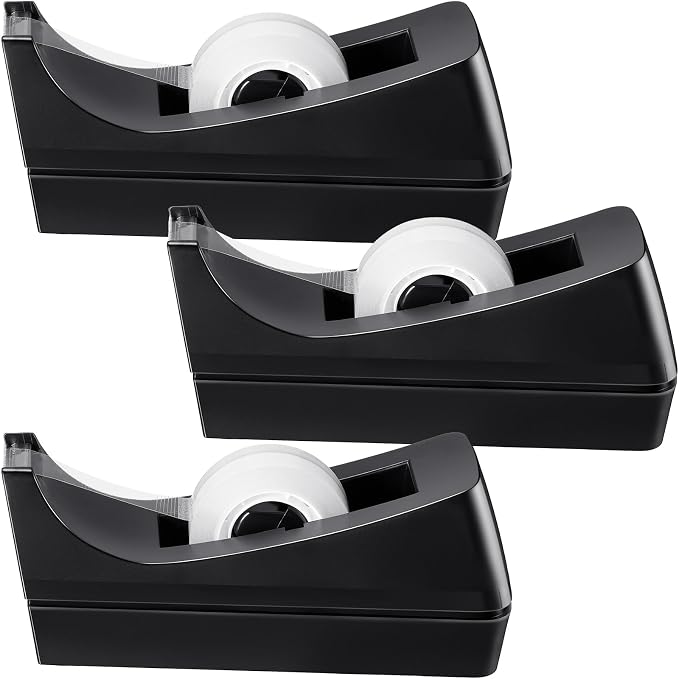 3 Pack Desktop Tape Dispensers Non Skid Base for Office Home School (Tape Not Included) (Black)