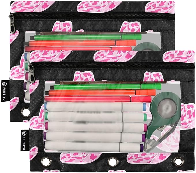 Gredecor Binder Pencil Pouch 3 Ring Cowgirl Hat with Pink Cow Zipper Pencil Pouches Case 2 Pack Clear Binder Organizer for School Office