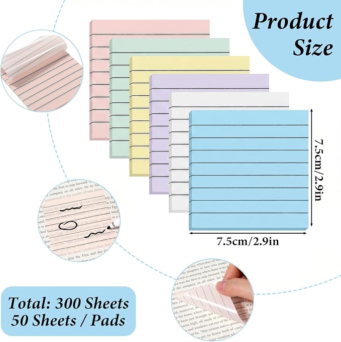 300 Sheets Transparent Sticky Notes Clear Translucent Lined 3x3 Inch 6 Pack Clear Sticky Notes Reminder Tabs with Line Colorful Lined Post Note Reminder Tabs for Office Home College Meeting