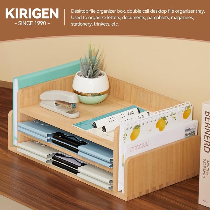 KIRIGEN Wood Desk Organizer, 5-Tray Letter Tray and Mail Sorter Natural 2TP | Solid Wood 3-Tier Desktop Organizer with 5 Storage Areas for Mail, Folders, Letter Paper and Office Supplies, Fully Assembled