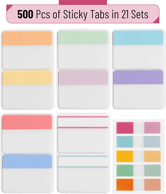 Mr. Pen- Sticky Index Tabs, 500 pcs, 21 Sets, Pastel | Writable Colored Page Markers for Reading Notes, Books, Binders, Notebook, Folders and Classify Files, Water-Resistant