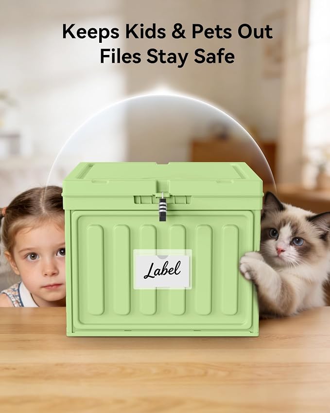 Oterri Lockable Plastic File Box with Lid for Letter-Size | Hanging File Folders Not Included. Green, Large 1-Pack. Home, Office, Classroom, Dorm, Tax, Under Bed, Filing Cabinet.